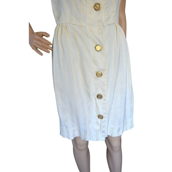 Vintage 70s Handmade Cream Yellow Vertical Striped Button Down Shirt Dress Size - Picture 3 of 8